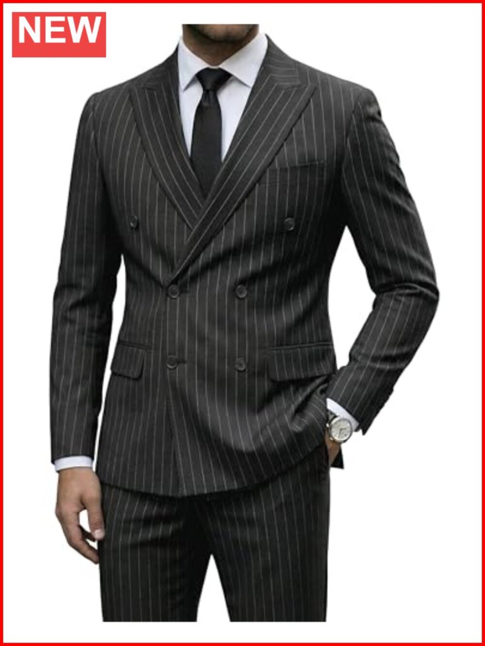 Men's Slim Fit Double-Breasted Striped Suit Set with Tie Tuxedo